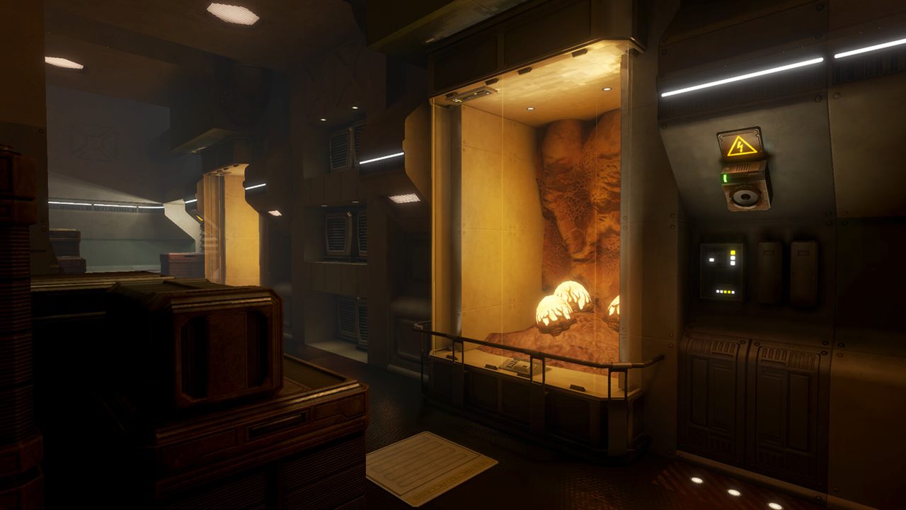 A glowing specimen display in a dim corridor of the research lab