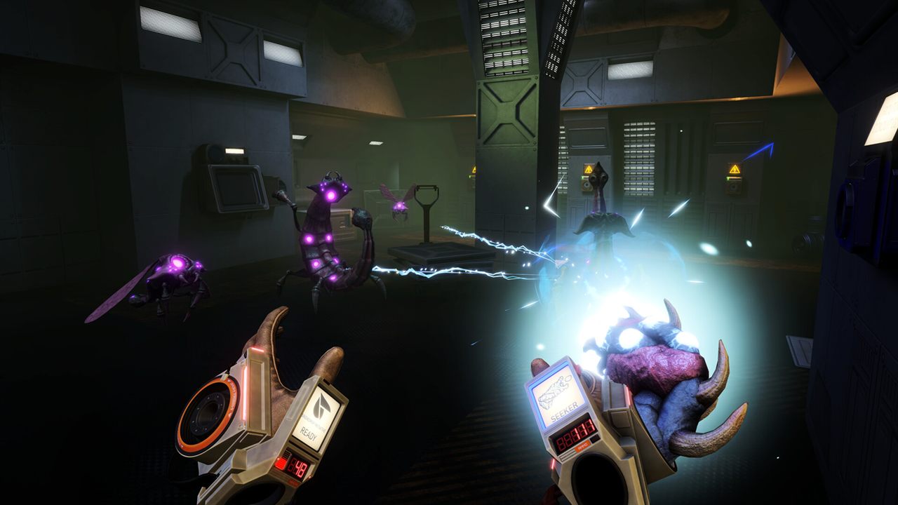 Creature weapons firing lightning at purple-lit insect enemies