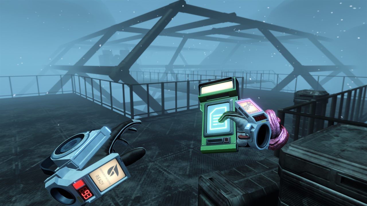 VR hands holding a creature weapon on a snowy outdoor walkway