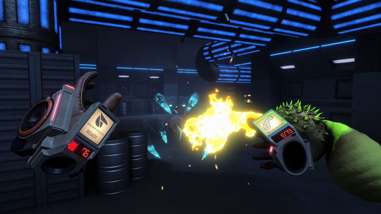 A creature weapon blasting fire at a crystal enemy