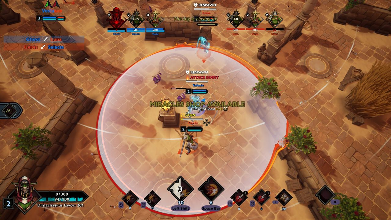 Top-down view of the arena as the fog ring closes in, with the Miracles Shop available