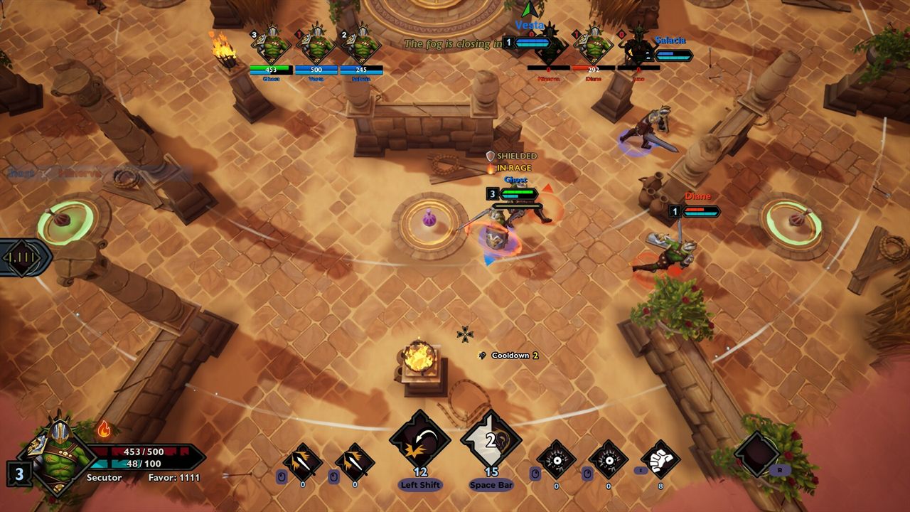Goblin gladiators clashing among the arena's stone pillars