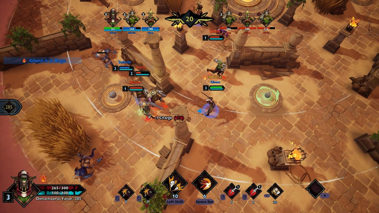 A goblin in rage charging across the sandy arena floor