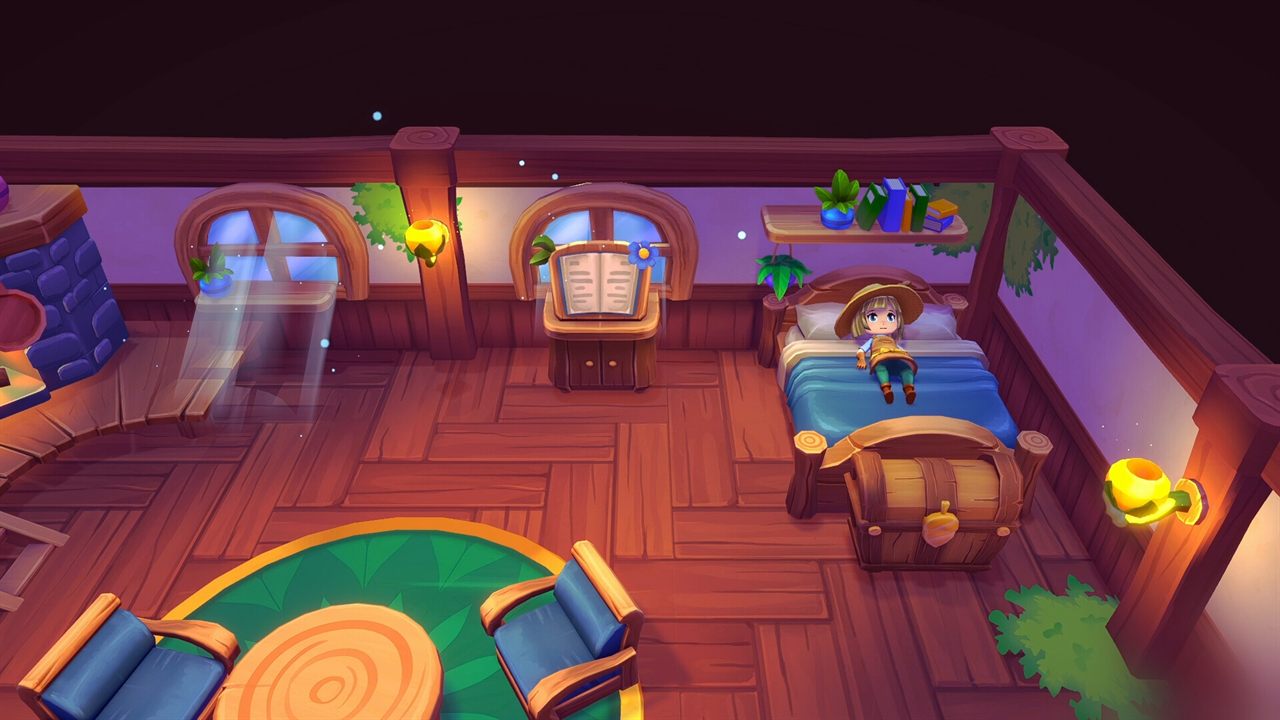 The player's bedroom at night, in a wooden house lit by wall lamps