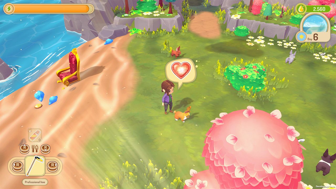 The player and a corgi on a grassy shore, with a heart above them